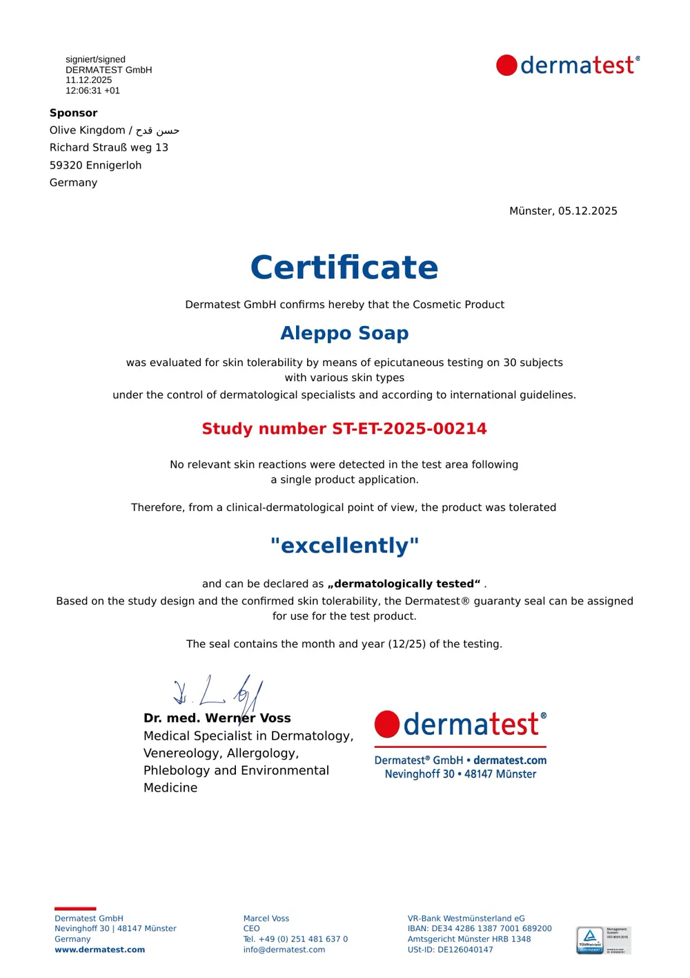 Dermatest-certificaat — Engels