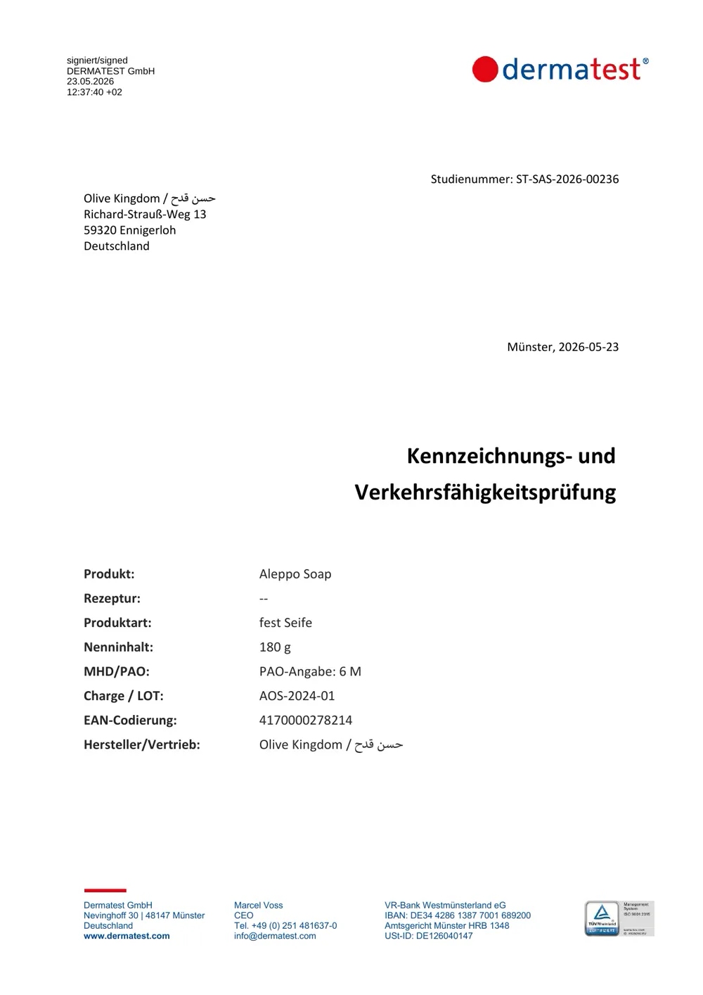 Etiketterings- en verkoopbaarheidsbeoordeling — 180 g